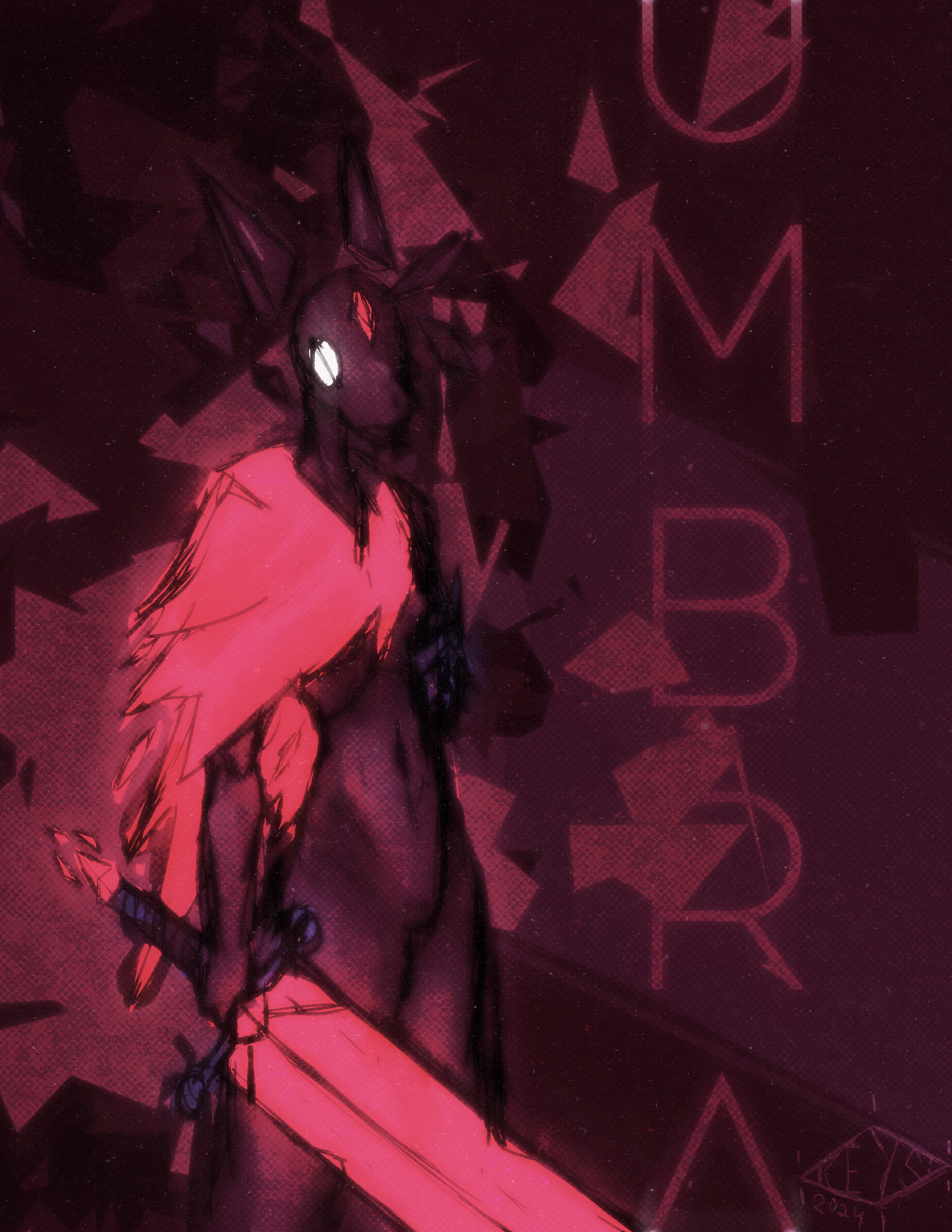 A red character with a torn cape holding a red sword